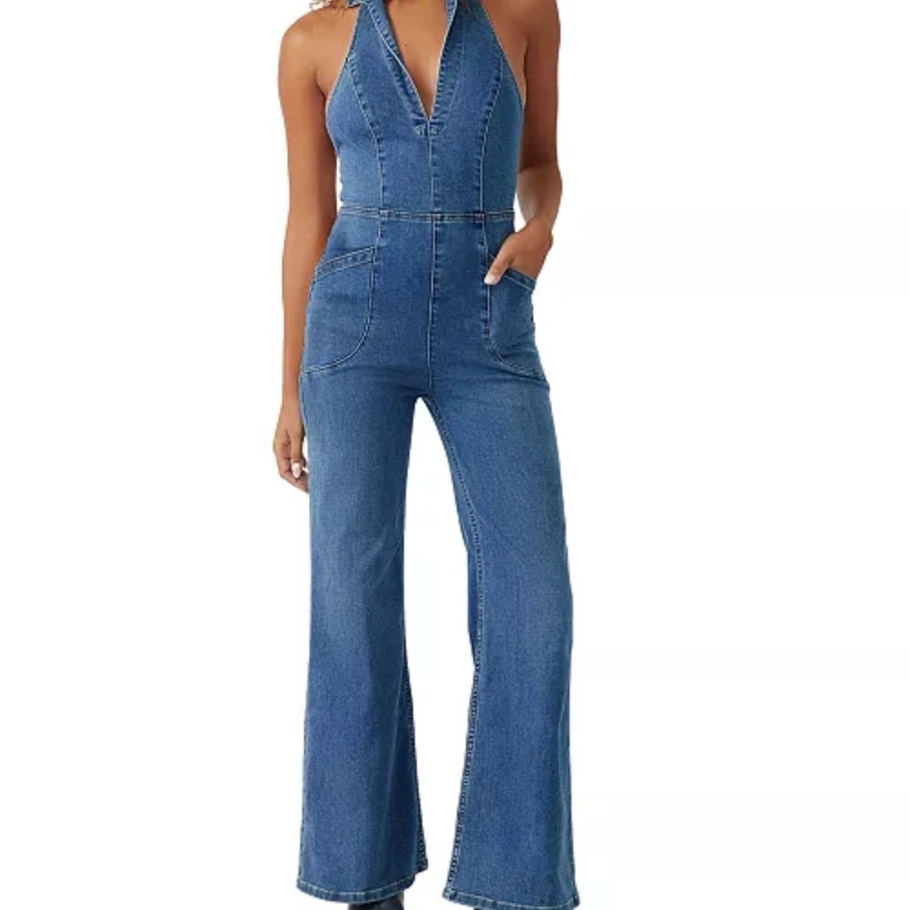Free People Sweet Thing Stretchy Halter Denim Overalls